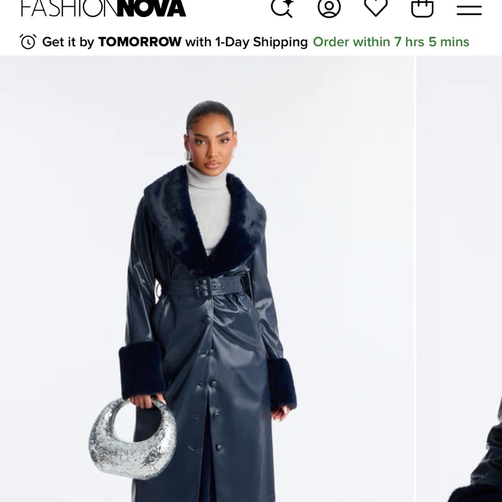 Fashion Nova Midnight Blue Trench Coat with Faux Fur